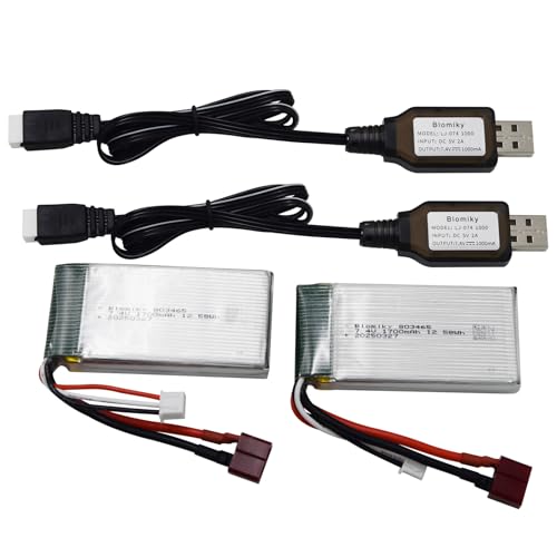 Blomiky 2 Pack 7.4V 1600mAh 12.58Wh 30C Lipo Battery with T Plug and USB Cables for 1:10 Scale 200E 9200 9200E 9205E 9206E RC Trucks