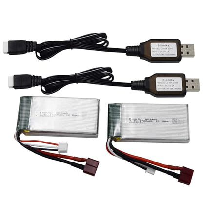 Blomiky 2 Pack 7.4V 1600mAh 12.58Wh 30C Lipo Battery with T Plug and USB Cables for 1:10 Scale 200E 9200 9200E 9205E 9206E RC Trucks