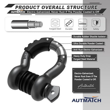 AUTMATCH 3/4" D Ring Shackles (2-Pack) - 41,887 lbs Break Strength | Clevis Shackle with 7/8" Pin & Isolator Washer Kit for Tow Strap, Winch, Towing & Off-Road Vehicle Recovery, Gunmental Gray - color: Gunmetal Gray