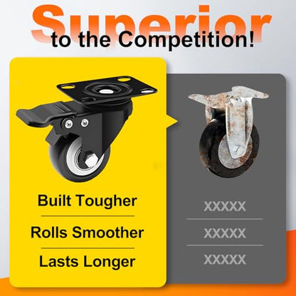 2 Inch Plate Caster Set of 4, PU Swivel Wheel with Dual Brakes - Black | Smooth 360° rotation,dual locking brake,silent PU wheels - color: Black, size: 2 IN