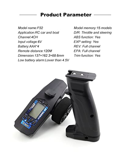 Turbo Racing P32 91803G-C 2.4G 4CH RC Remote and Receiver Controller LCD Display with Waterproof Radio Transmitter for RC Car Boat (91803-C)