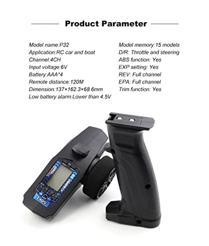 Turbo Racing P32 91803G-C 2.4G 4CH RC Remote and Receiver Controller LCD Display with Waterproof Radio Transmitter for RC Car Boat (91803-C)
