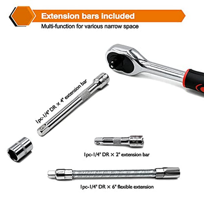 Egofine 46 Pieces 1/4 inch Drive Socket Ratchet Wrench Set, with Bit Socket Set Metric and Extension Bar for Auto Repairing and Household, with Storage Case - style: 1/4" 46 PCS