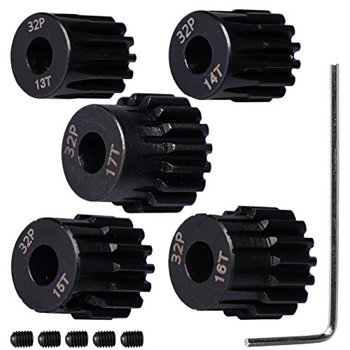 32P Hardened Steel Upgrade Pinion Gear Set: 13T 14T 15T 16T 17T fit 5mm RC Motor Shaft (Work with Steel Spur Gear) for RC Cars, Set of 5 - size: 13T&14T&15T&16T&17T