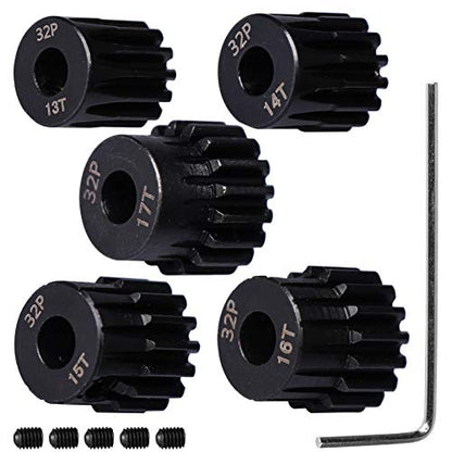 32P Hardened Steel Upgrade Pinion Gear Set: 13T 14T 15T 16T 17T fit 5mm RC Motor Shaft (Work with Steel Spur Gear) for RC Cars, Set of 5 - size: 13T&14T&15T&16T&17T