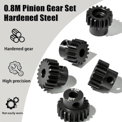 5Pcs 0.8M Hardened Steel Pinion Gear Set 5mm Shaft 16T 17T 18T 19T 20T Motor Pinion Gear with M4 Screw and Hex Key, for Arrma HPI Kyosho Losi Axial Traxxas Tamiya 1/10 RC Car and 540/550 Motors - size: 0.8M-5mm-16-20T