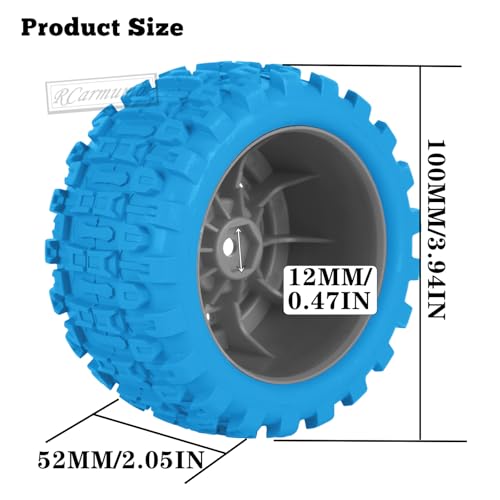 100 * 52MM 1/16 RC Monster Truck Tires 12mm Hex Adapters All-Terrain Traction Tires fit for Mini Maxx/Mini XRT, MJX 16207/16208/16209/16210,HSP 94186,E-Revo,L0S1,1/18 Mini LMT,Blue&Grey - color: Blue&grey(4pcs)