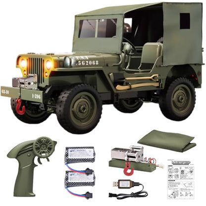 RC Military Truck Rock Crawler, 1:10 4WD Off-Road Remote Control Military Jeep with Winch, Canvas & 2 Batteries, 2.4G All Terrain Army Climbing Vehicle with LED Lights, for Kids Adult