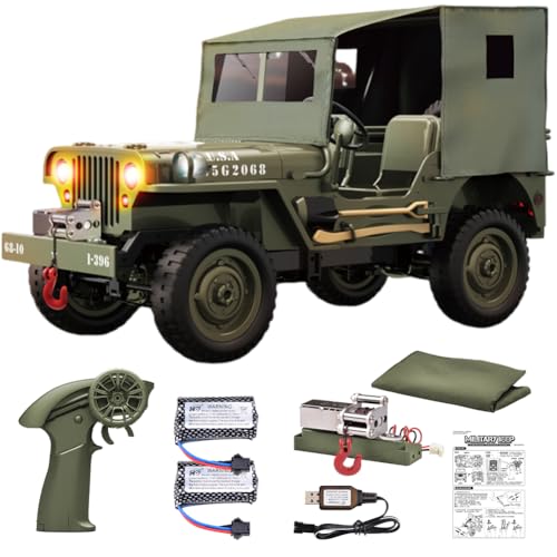 RC Military Truck Rock Crawler, 1:10 4WD Off-Road Remote Control Military Jeep with Winch, Canvas & 2 Batteries, 2.4G All Terrain Army Climbing Vehicle with LED Lights, for Kids Adult