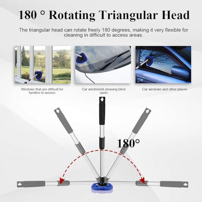 Windshield Cleaning Tool, Car Window Cleaner, Windshield Cleaner with 4 Washable Reusable Microfiber Pads and Extendable Handle, Auto Glass Wiper Cleaning Kit Universal for Car (Blue) - color: Blue
