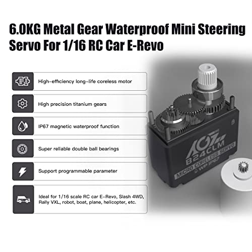 AGFRC B24CLM 6KG IP67 Waterproof Micro Servo for 1/16 RC | 0.085s/60° Speed, HV, Titanium Gears, Programmable, Digital, Coreless Motor, for 1/16 RC Cars, Boats & Crawlers