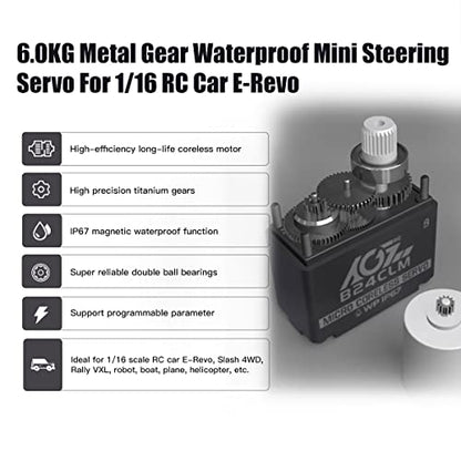 AGFRC B24CLM 6KG IP67 Waterproof Micro Servo for 1/16 RC | 0.085s/60° Speed, HV, Titanium Gears, Programmable, Digital, Coreless Motor, for 1/16 RC Cars, Boats & Crawlers