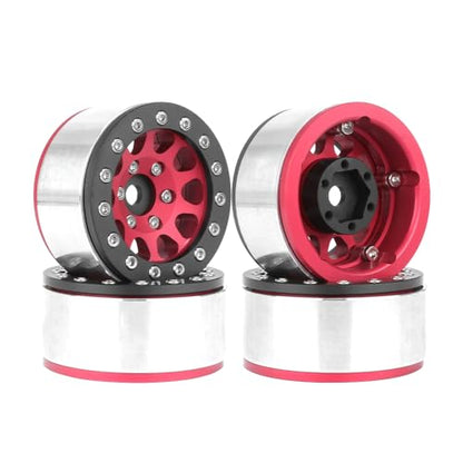 4PCS 1.55 Inch Aluminum Alloy Metal 10Holes Beadlock Wheel Rim Hubs Replacement Accessory for Tamiya AX90069 D90 TF2 CC01 CC02 1/10 RC Crawler Car Upgrade Parts (Black Red) - color: Black Red