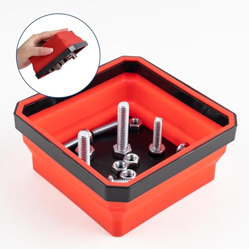 Collapsible Magnetic Parts Tray Set, 4.5” Square Silicone Foldable Bowls With Magnetic Base, Ideal For Screws, Bolts, Nuts, Washers, Pins, And Small Metal Parts (Red/Black,2Pc)