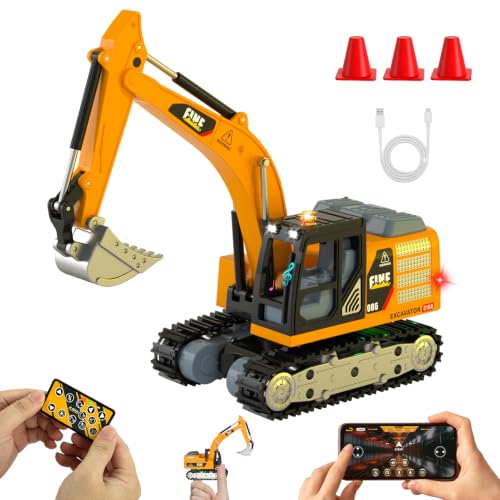 1/64 Remote Control Excavator, 2.4G RC Mini Construction Toys Birthday Gift | Remote Control Cranes,Mini Rechargeable Truck,2 in 1 Transform Lift Fork & Hook, w Sound Light, Toy RC Construction Vehicles - style: excavator