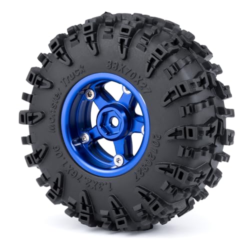 4PCS 1.3" Beadlock Wheel Tires Set Aluminum 1.3inch 5-Spoke Beadlock Wheel Hub Wheel Rim 7mm Hex ＆ 70mm/2.76inch Rubber Crawler Tires for 1/18 1/24 RC Crawler Car SCX24 TRX4M (Blue) - color: Blue