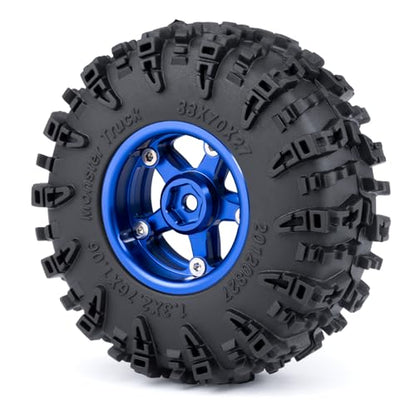 4PCS 1.3" Beadlock Wheel Tires Set Aluminum 1.3inch 5-Spoke Beadlock Wheel Hub Wheel Rim 7mm Hex ＆ 70mm/2.76inch Rubber Crawler Tires for 1/18 1/24 RC Crawler Car SCX24 TRX4M (Blue) - color: Blue