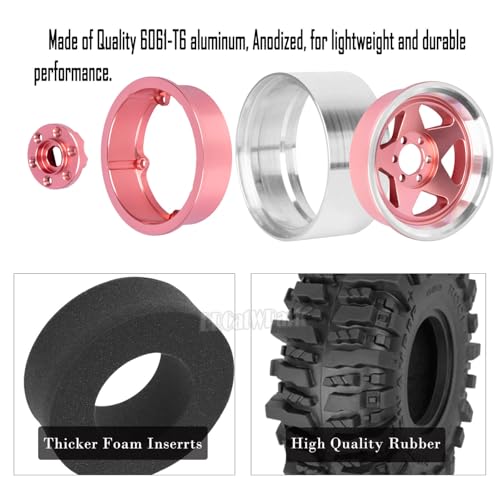 4PCS RC 1.9 in Wheel Tires for 1/10 TRX4 TRX6 SCX10 SCX10 II 90046 SCX10 III AXI03007 Gen7/8 D90 VS4-10 RC Crawler Car,BRCatWPark Alloy 1.9 Beadlock Wheel and Rubber Tires w/Sponge,Pink - color: Pink - (Tires)