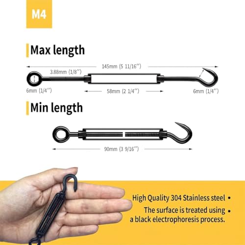 10 Pack Black Stainless Steel M4 Hook and Eye Turnbuckle, Heavy Duty Wire Rope Tensioner, Adjustable Hardware Kit for DIY String Light and Picture Hanging, Shade Sail, Cable Tightening - color: Hook and Eye, size: M4-10 Pcs