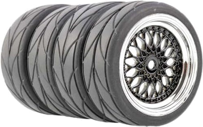 4PCS 64mm Rubber Tires and Plastic Wheel Rims Set 12mm Hex Replacement Part for Sakura Tamiya TT02 HPI HSP Kyosho 1/10 RC On Road Run-flating Touring Racing Car Tyre(Black Silver,Offset:9MM) - color: Black/Silver, size: Offset:9mm