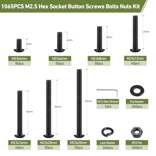 1065PCS M2.5 Bolt Assortment Kit, Hex Socket Button Head Screws Nuts Bolts Washer Assortment Kit 10.9 Grade Alloy Steel Black Oxide M2.5 x 4/6/8/12/16/20/25mm - size: M2.5 1065PCS Button Black