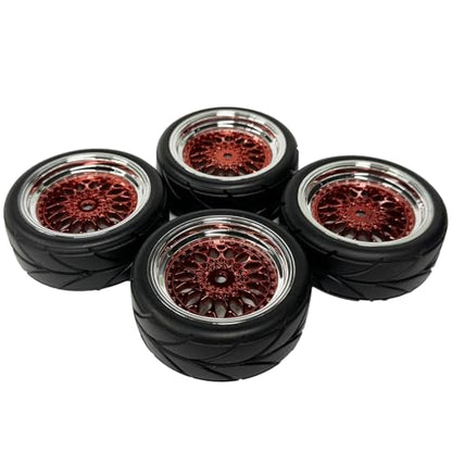 4PCS 64mm RC On Road Rubber Tires and Plastic Plating Wheel Rims Set Replacement Part for 1/10 RC Run-flating Touring Racing Drift Car Tyre(Red Silver,Offset:6mm) - color: Red Silver, size: Offset:6mm