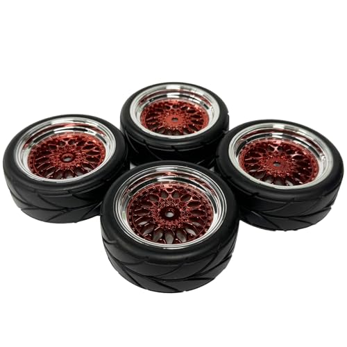 4PCS 64mm RC On Road Rubber Tires and Plastic Plating Wheel Rims Set Replacement Part for 1/10 RC Run-flating Touring Racing Drift Car Tyre(Red Silver,Offset:9mm) - color: Red Silver, size: Offset:9mm