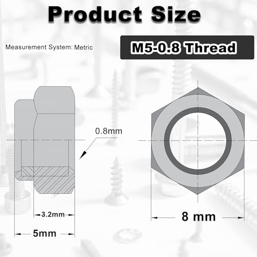 M5x0.8mm Locknuts Nylon Inserted Lock Nuts M5 Nut for CNC Machine RC Cars | 100PCS Metric Self-Lock Nylon Insert Carbon Steel Self Locking 8mm Hex Nut Driver Tiny Nut - size: M5 (100PCS)