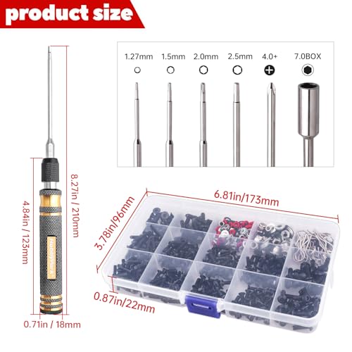 HobbyPark RC Car Screws Kit 530pcs & Tools Screw Driver Set 1/4 inch Hex Handle 1.27/1.5/2.0/2.5mm Hex Nut Driver 7mm Phillips Bit