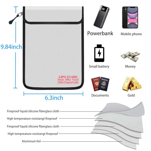 6.3"x9.85" Fireproof Lipo Safe Bag with Fireproof Zipper Fireproof Edge wrapping Fireproof wire,Home Office Travel Safe Storage for Cash Valuables Passport Power bank Lipo Battery(16 * 25cm Silver) - size: 16*25cm Silver