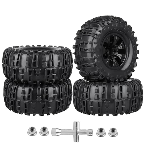 Pre-Glued Huge OD 6.3"(160mm) 1/10 RC Truck Tires and Wheels Set 2.8 RC Tires 12mm Hex for Traxxas Rustler Hoss Stampede 4x4 & 2WD Redcat Blackout 1/10 Scale RC Monster Truck Replacement