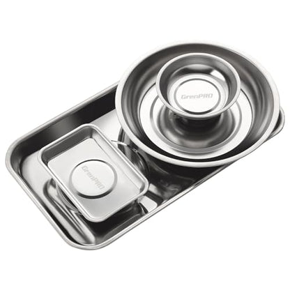 GRENPRO Magnetic Tray 4-Pack | Stainless Steel Magnetic Parts Trays | 3 Inch, 6 Inch, Square & Shallow Tray Set - style: Assorted (Round, Square, Shallow)