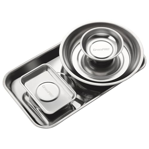 GRENPRO 4-Pack Magnetic Parts Tray Set, Heavy-Duty 3"/6" Round & Square | Stainless steel trays with extra strong magnet hold nuts, bolts, screws; anti-slip base for workshop and auto repair storage - style: Assorted (Round, Square, Shallow)