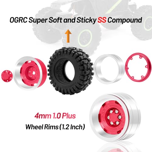 OGRC 1.3 Beadlock Wheel Tires -4mm Offset Wheels for 1/24 1/18 SCX24 TRX4M | Aluminum, 7mm Hex, Sticky Compound Rubber, for TRX4M AX24 FCX24 RC Carwler Car, Red - color: Red