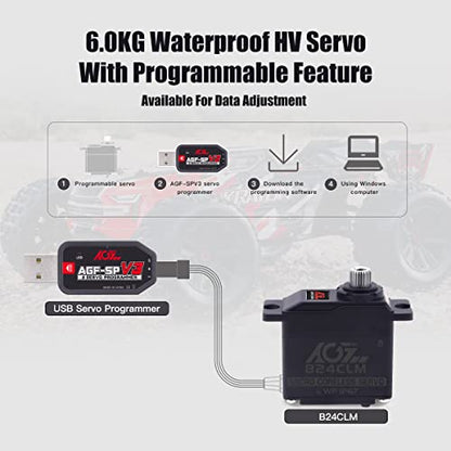 AGFRC B24CLM 6KG IP67 Waterproof Micro Servo for 1/16 RC | 0.085s/60° Speed, HV, Titanium Gears, Programmable, Digital, Coreless Motor, for 1/16 RC Cars, Boats & Crawlers