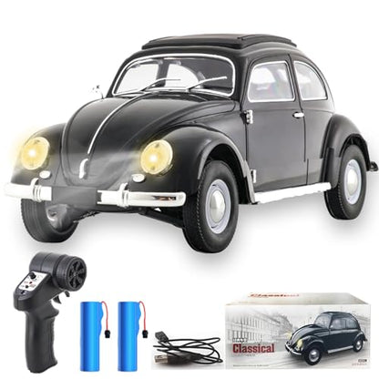 1:16 Beetle 1950 RC Car, 4CH RWD 2.4GHz RC Car with LED Lights | Classic Retro Design with 2 Rechargeable Battery. Rear-wheel Drive for Control. Volkswagen Beetle Toy Car for Hobbyists - size: 2 Battery