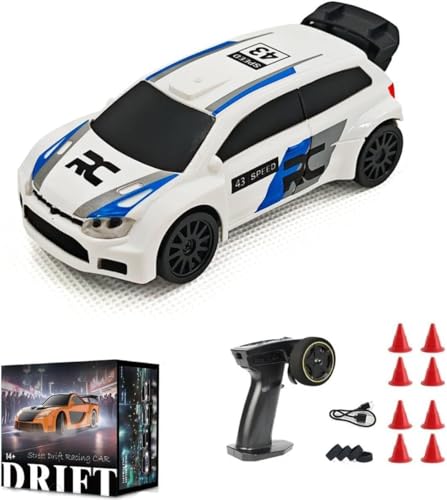 Aetheria 1/43 RC Drift Racing Car, 4WD Fully Proportional Mini Electric Race Vehicle with LED Lights Remote Control High Speed Car for Adult Outdoor - Ready to Run (White Blue) - color: White Blue