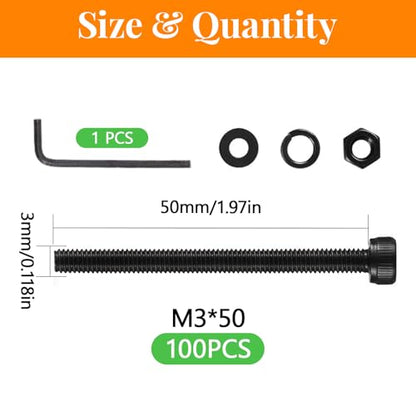 100 Pcs M3 x 50mm Socket Head Screws, Grade 12.9 Alloy Steel Fully Threaded Machine Screws, Metric Bolts Assortment Kit for Furniture Assembly - size: M3x50mm-100pcs
