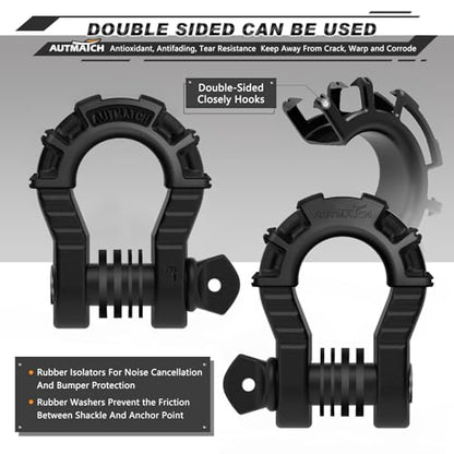 AUTMATCH D Ring Shackles 3/4" Mega Shackle (2 Pack) 68,000Ibs Break Strength - Heavy Duty Clevis Shackles 7/8" Screw Pin & Isolator Washer for Tow Strap Winch Off Road Vehicle Recovery, Matte Black - color: Matte Black