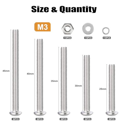 VGBUY 440pcs M3 Screw Assortment Kit, M3 Screws Bolts for 3D Printer DIY, Hex Button Head Cap Screws Bolts Nuts Washer Kit, 304 Stainless Steel, 25/30/35/40/45mm - size: M3x25/30/35/40/45mm, style: Button Head