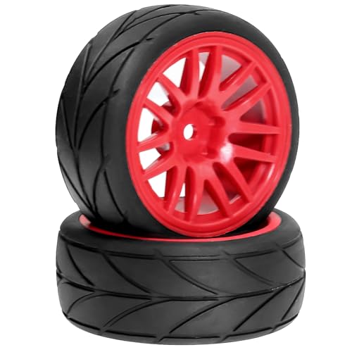 1/10 RC On Road Tires OD 2.56" and Hard Plastic Rally Wheels Rims 12mm Hex for 1:10 Scale Street Racing Touring Drift Car Tamiya TT01 TT02 Traxxas XV02 XV01 TA06 HPI KYOSHO PTG2 4PCS (Red) - color: Red