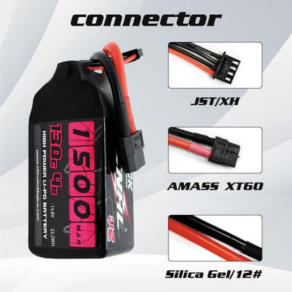 CNHL Black Series 1500mAh 4S Lipo Battery 14.8V 130C XT60 Plug (2 Packs) | Provides extended flight time with strong punch for 5-6 inch freestyle, racing FPV quads, and cine rigs.