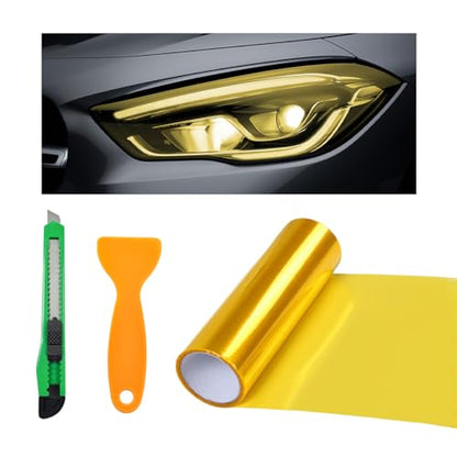 povtii Tint Vinyl Film Sticker Sheet Roll for Car Headlight, 12×48 Inch Auto Taillight Vinyl Wrap Film, Self Adhesive Fog Light Vinyl Film with Squeeze & Cutter, Car Accessories (Golden) - color: Golden