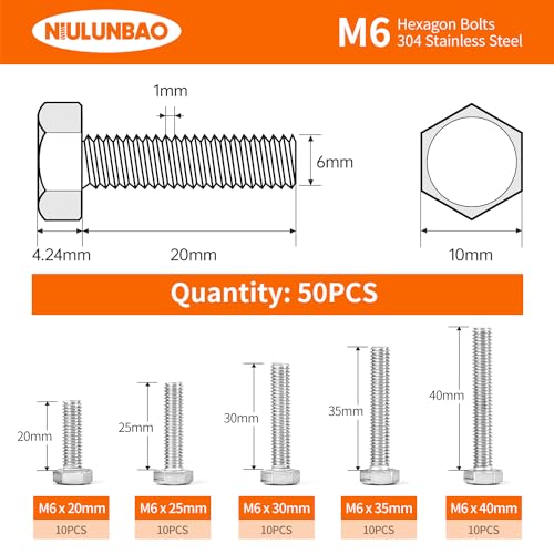 M6 x 20mm 25mm 30mm 35mm 40mm Heavy Duty Hexagon Bolts Hex Head Screws, 304 Stainless Steel, Metric, Machine Fully Thread, Bright Finish, Assortment Kit 50PCS - size: M6 x 20/25/30/35/40mm (50PCS)