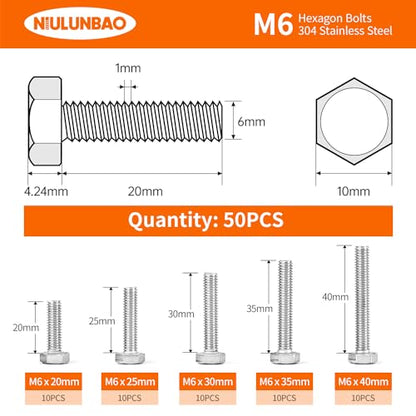 M6 x 20mm 25mm 30mm 35mm 40mm Heavy Duty Hexagon Bolts Hex Head Screws, 304 Stainless Steel, Metric, Machine Fully Thread, Bright Finish, Assortment Kit 50PCS - size: M6 x 20/25/30/35/40mm (50PCS)