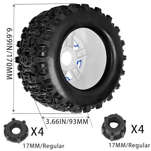 RC Truck Tires 1/8 17mm Hex RC Wheel Tires for 1/8 Monster Truck Tires Traxx as/Arrm a 6S/Summi t/ERveo/Redc at/HPI JLB Cheetah RC Off-Road etc,Hard Plastic Rubber Tyres,Blue&White - color: Blue With White(4PCS）Titanium