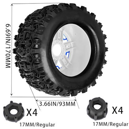 RC Truck Tires 1/8 17mm Hex RC Wheel Tires for 1/8 Monster Truck Tires Traxx as/Arrm a 6S/Summi t/ERveo/Redc at/HPI JLB Cheetah RC Off-Road etc,Hard Plastic Rubber Tyres,Blue&White - color: Blue With White(4PCS）Titanium