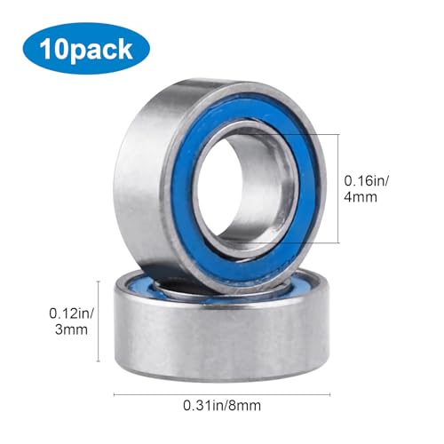 Steel RC Ball Bearings Double Rubber Sealed Deep Groove Miniature Bearings, Set of 10 (4x8x3mm MR84-2RS) - size: 4x8x3mm MR84-2RS