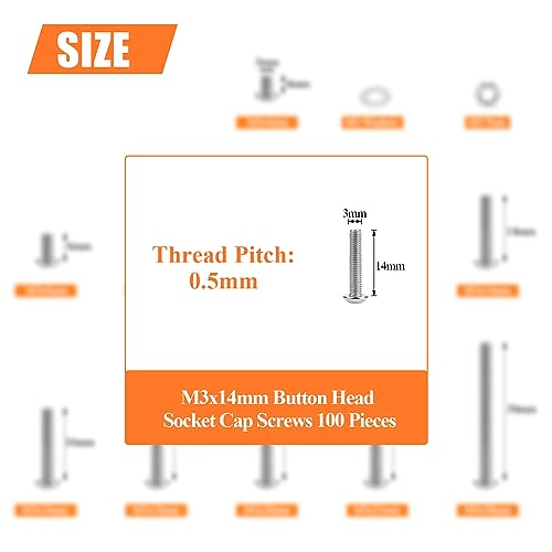 HELIFOUNER 100 Pieces M3 x 14mm, Thread Pitch 0.5mm, 304 Stainless Steel (18-8) Button Head Socket Cap Screws, Fully Threaded - size: M3 x 14mm