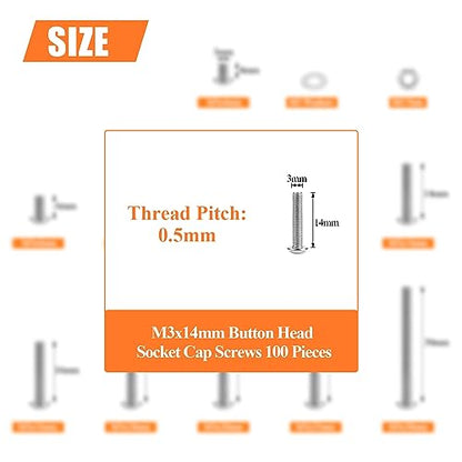 HELIFOUNER 100 Pieces M3 x 14mm, Thread Pitch 0.5mm, 304 Stainless Steel (18-8) Button Head Socket Cap Screws, Fully Threaded - size: M3 x 14mm